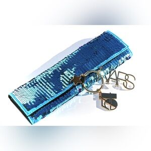 NARS Blue Sequin Cosmetic Pouch with Gold Charm Keyring